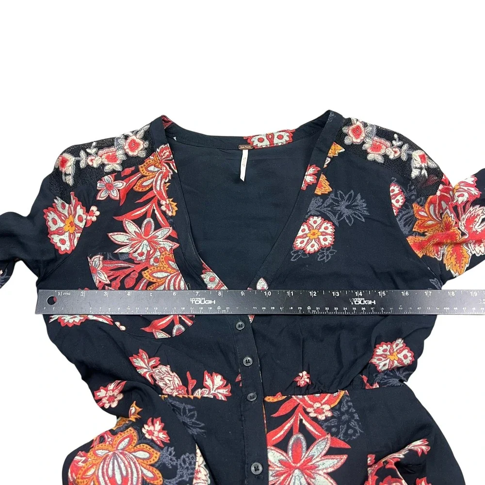 Free People Floral Embroidered Mesh Shoulder Button Front Midi Dress Black Sz 2